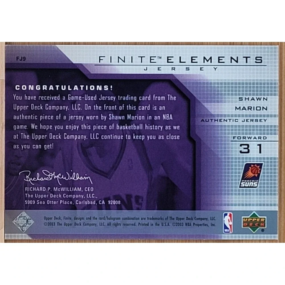 2003-04 UPPER DECK FINITE SHAWN‎ MARION GAME USED RELIC FINITE ELEMENTS SUNS